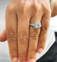 Load image into Gallery viewer, 14k solid white gold round and baguettes cut simulated diamond engagement ring halo bridal wedding propose prong set 2.00ct