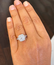 Load image into Gallery viewer, 14k solid white gold round and baguettes cut simulated diamond engagement ring halo bridal wedding propose prong set 2.00ct