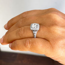 Load image into Gallery viewer, 14k solid white gold round and baguettes cut simulated diamond engagement ring halo bridal wedding propose prong set 2.00ct