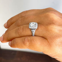 Load image into Gallery viewer, 14K Solid White Gold Round Cut Moissanite and Round And Baguettes Cut Natural Diamond Engagement Ring Halo Prong 1.95ctw