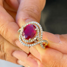 Load image into Gallery viewer, 14k Solid Yellow Gold Oval Natural Ruby And Round Cut Natural Diamonds Antique Deco Design Ring Halo Bridal Engagement Anniversary 4.60ctw