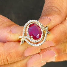 Load image into Gallery viewer, 14k Solid Yellow Gold Oval Natural Ruby And Round Cut Natural Diamonds Antique Deco Design Ring Halo Bridal Engagement Anniversary 4.60ctw