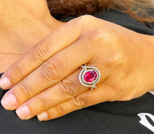 Load image into Gallery viewer, 14k Solid Yellow Gold Oval Natural Ruby And Round Cut Natural Diamonds Antique Deco Design Ring Halo Bridal Engagement Anniversary 4.60ctw