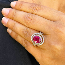 Load image into Gallery viewer, 14k Solid Yellow Gold Oval Natural Ruby And Round Cut Natural Diamonds Antique Deco Design Ring Halo Bridal Engagement Anniversary 4.60ctw