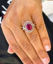 Load image into Gallery viewer, 14k Solid Yellow Gold Oval Natural Ruby And Round Cut Natural Diamonds Antique Deco Design Ring Halo Bridal Engagement Anniversary 4.60ctw