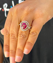 Load image into Gallery viewer, 14k Solid Yellow Gold Oval Natural Ruby And Round Cut Natural Diamonds Antique Deco Design Ring Halo Bridal Engagement Anniversary 4.60ctw