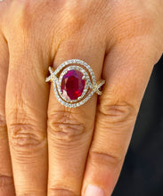 Load image into Gallery viewer, 14k Solid Yellow Gold Oval Natural Ruby And Round Cut Natural Diamonds Antique Deco Design Ring Halo Bridal Engagement Anniversary 4.60ctw