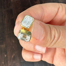Load image into Gallery viewer, Large 14K Solid Yellow Gold Emerald Cut Moissanite Stud Earrings Screw back style Bezel Set 5.00ctw
