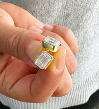 Load image into Gallery viewer, Large 14K Solid Yellow Gold Emerald Cut Moissanite Stud Earrings Screw back style Bezel Set 5.00ctw