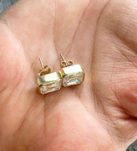 Load image into Gallery viewer, Large 14k Solid Yellow Gold Emerald Cut Simulated Bezel Set Screw Back Earrings 5.00ctw