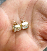Load image into Gallery viewer, Large 14K Solid Yellow Gold Emerald Cut Moissanite Stud Earrings Screw back style Bezel Set 5.00ctw