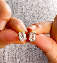 Load image into Gallery viewer, Large 14k Solid Yellow Gold Emerald Cut Simulated Bezel Set Screw Back Earrings 5.00ctw