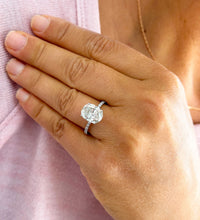 Load image into Gallery viewer, 14k Solid White Gold Oval and Round Cut Simulated Diamond Engagement Ring Halo Art Deco Bridal High Quality Finish 3.25ct