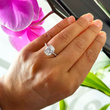 Load image into Gallery viewer, 14k Solid White Gold Oval and Round Cut Simulated Diamond Engagement Ring Halo Art Deco Bridal High Quality Finish 3.25ct