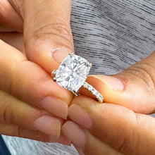 Load image into Gallery viewer, 14K Solid Yellow Gold Cushion Cut Forever One Moissanite And Round Cut Natural Diamonds Engagement Ring, Four prong, Solitaire 5.00ctw