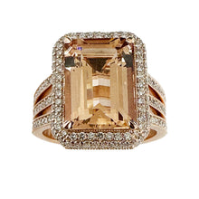 Load image into Gallery viewer, 14K Solid Rose Gold Emerald Cut Natural Morganite and Round cut Natural Diamonds Triple Shank Double Halo Ring 8.40ctw