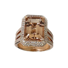Load image into Gallery viewer, 14K Solid Rose Gold Emerald Cut Natural Morganite and Round cut Natural Diamonds Triple Shank Double Halo Ring 8.40ctw