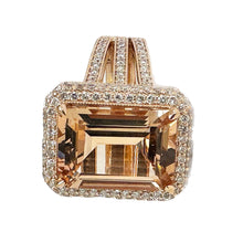Load image into Gallery viewer, 14K Solid Rose Gold Emerald Cut Natural Morganite and Round cut Natural Diamonds Triple Shank Double Halo Ring 8.40ctw