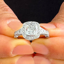 Load image into Gallery viewer, Gorgeous 14k Solid White Gold Cushion Cut Simulated Diamond Engagement Ring Bezel Bridal Wedding Halo 2.00ctw