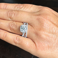 Load image into Gallery viewer, 14k White Gold Cushion Cut Moissanite and Natural Diamond Engagement Ring And Band Halo Bridal Set 3.00ct