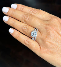 Load image into Gallery viewer, 14k Solid White Gold Cushion Cut Simulated Diamond Engagement Ring And Band Bridal Set Wedding Set Halo Twisted Shank 3.00ct