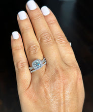 Load image into Gallery viewer, 14k Solid White Gold Cushion Cut Simulated Diamond Engagement Ring And Band Bridal Set Wedding Set Halo Twisted Shank 3.00ct