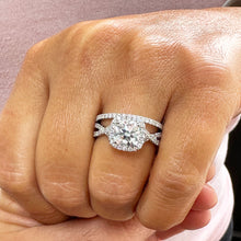 Load image into Gallery viewer, 14k Solid White Gold Cushion Cut Simulated Diamond Engagement Ring And Band Bridal Set Wedding Set Halo Twisted Shank 3.00ct