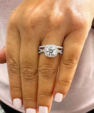 Load image into Gallery viewer, 14k Solid White Gold Cushion Cut Simulated Diamond Engagement Ring And Band Bridal Set Wedding Set Halo Twisted Shank 3.00ct