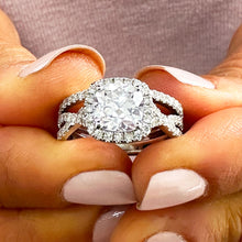 Load image into Gallery viewer, IGI Certified 14k Solid White Gold Cushion Cut and Round Cut Diamond Engagement Ring And Band Halo Bridal Set 2.50ct