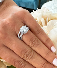 Load image into Gallery viewer, 14k Solid White Gold Cushion Cut Simulated Diamond Engagement Ring And Band Bridal Set Wedding Set Halo Twisted Shank 3.00ct