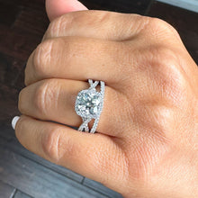 Load image into Gallery viewer, 14k Solid White Gold Cushion Cut Simulated Diamond Engagement Ring And Band Bridal Set Wedding Set Halo Twisted Shank 3.00ct