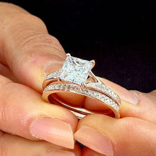 Load image into Gallery viewer, 14K Solid Rose Gold Princess Cut Moissanite And Natural Diamond Engagement Ring And Two Bands Set, Wedding Deco 2.10ctw