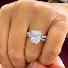 Load image into Gallery viewer, 14k Solid White Gold Radiant and Round Cut Simulated Diamond Engagement Ring And Band Bridal Set Halo 4.50ctw