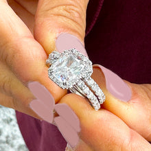 Load image into Gallery viewer, 14k Solid White Gold Radiant and Round Cut Simulated Diamond Engagement Ring And Band Bridal Set Halo 4.50ctw