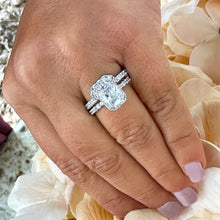 Load image into Gallery viewer, 14k Solid White Gold Radiant and Round Cut Simulated Diamond Engagement Ring And Band Bridal Set Halo 4.50ctw