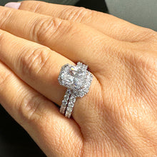 Load image into Gallery viewer, 14k Solid White Gold Radiant and Round Cut Simulated Diamond Engagement Ring And Band Bridal Set Halo 4.50ctw