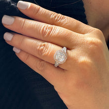 Load image into Gallery viewer, 14k Solid White And Rose Gold Cushion Cut Simulated Diamond Engagement Ring Bezel Bridal Wedding Halo 3.50ctw