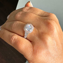 Load image into Gallery viewer, 14k White And Rose Gold Cushion Forever One Moissanite And Natural Diamond Engagement Ring Bezel Set 3.40ctw