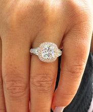 Load image into Gallery viewer, 14k White And Rose Gold Cushion Moissanite And Natural Diamond Engagement Ring Bezel Set 3.40ctw