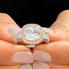 Load image into Gallery viewer, 14k White And Rose Gold Cushion Moissanite And Natural Diamond Engagement Ring Bezel Set 3.40ctw