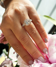 Load image into Gallery viewer, 14k White And Rose Gold Cushion Moissanite And Natural Diamond Engagement Ring Bezel Set 3.40ctw