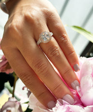 Load image into Gallery viewer, 14k Solid White And Rose Gold Cushion Cut Simulated Diamond Engagement Ring Bezel Bridal Wedding Halo 3.50ctw