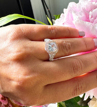 Load image into Gallery viewer, 14k White And Rose Gold Cushion Forever One Moissanite And Natural Diamond Engagement Ring Bezel Set 3.40ctw