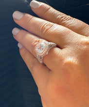 Load image into Gallery viewer, 14k White And Rose Gold Cushion Forever One Moissanite And Natural Diamond Engagement Ring Bezel Set 3.40ctw