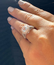 Load image into Gallery viewer, 14k White And Rose Gold Cushion Moissanite And Natural Diamond Engagement Ring Bezel Set 3.40ctw