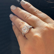 Load image into Gallery viewer, 14k Solid White And Rose Gold Cushion Cut Simulated Diamond Engagement Ring Bezel Bridal Wedding Halo 3.50ctw