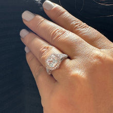 Load image into Gallery viewer, 14k White And Rose Gold Cushion Moissanite And Natural Diamond Engagement Ring Bezel Set 3.40ctw