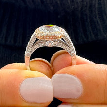 Load image into Gallery viewer, 14k Solid White And Rose Gold Cushion Cut Simulated Diamond Engagement Ring Bezel Bridal Wedding Halo 3.50ctw