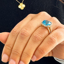 Load image into Gallery viewer, 14K Solid Yellow Gold Cushion Cut Natural Blue Topaz And Round Cut Diamonds Engagement Ring Halo Split Shank 4.70ctw