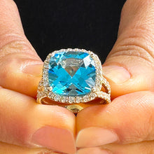 Load image into Gallery viewer, 14K Solid Yellow Gold Cushion Cut Natural Blue Topaz And Round Cut Diamonds Engagement Ring Halo Split Shank 4.70ctw